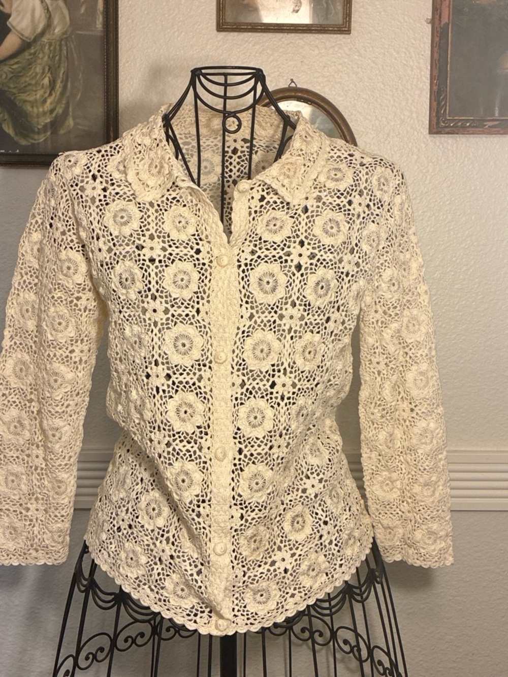 Cream Crocheted Button-Up Floral Lace Blouse